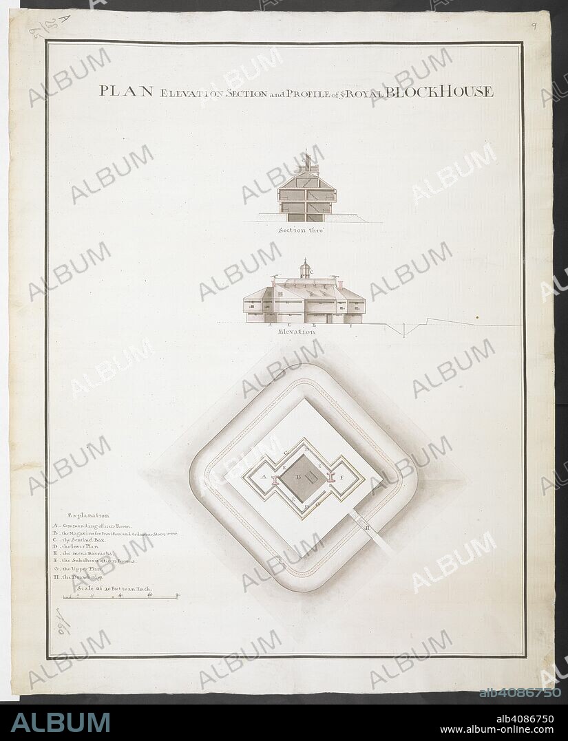 'Plan elevation section and profile of ye Royal Blockhouse' [Fort Edward]. 1759. R.U.S.I. MAPS. Vol. LXXVI (1-13). 57711 (1-4). Places in states North-East of New York. 18th century. 1759. 1:240. 'Scale of 20 feet to an inch'. Scale bar of 80 feet (= 4 inches). 555 x 430mm. Source: Add. 57711.9 Amherst no. A 60. R.U.S.I. no. A 28.65.