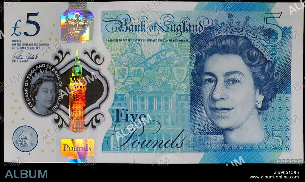 The Bank of England £5 note, is a banknote of the pound sterling. It is the smallest denomination of banknote issued by the Bank of England. In September 2016, a new polymer note was introduced, featuring the image of Queen Elizabeth II on the obverse and a portrait of Winston Churchill on the reverse.