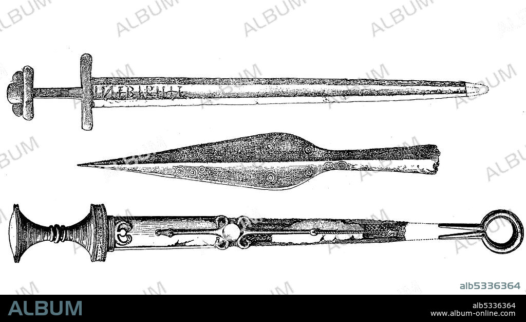 Germanic weapons, iron sword, iron lance tip and sword with runic inscription / Germanische Waffen, eisernes Schwert, eiserne Lanzenspitze und Schwert mit Runeninschrift, Historisch, historical, digital improved reproduction of an original from the 19th century / digitale Reproduktion einer Originalvorlage aus dem 19. Jahrhundert.