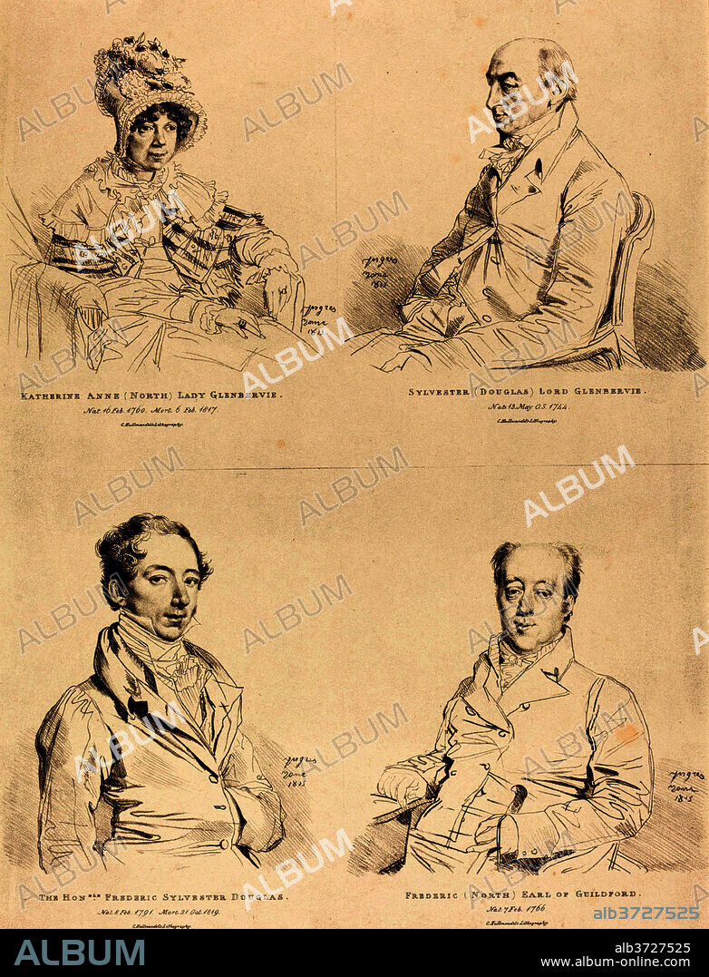 JEAN AUGUSTE DOMINIQUE INGRES. Sylvester (Douglas) Lord Glenbervie; Katherine Anne (North) Glenbervie; Frederic (North) Earl of Guilford; Frederic Sylvester Douglas. Dated: 1815. Medium: lithograph, four portraits printed on one sheet.