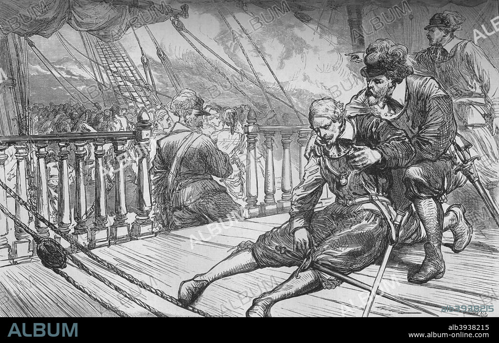 'Death of Van Tromp', 10 August 1653, (c1880). Maarten Harpertszoon Tromp (23 April 1598 - 10 August 1653) was an officer and later admiral in the Dutch navy. In the First Anglo-Dutch War of 1652 to 1653, Tromp commanded the Dutch fleet in the battles of Dover, Dungeness, Portland, the Gabbard and Scheveningen. In the latter, he was killed by a sharpshooter in the rigging of William Penn's (1621-1670) ship. His acting flag captain, Egbert Bartholomeusz Kortenaer (1604-1655), on the Brederode kept up fleet morale by not lowering Tromp's standard, pretending Tromp was still alive. From British Battles on Land and Sea, Vol. I, by James Grant. [Cassell Petter & Galpin, London, Paris & New York, c1880].