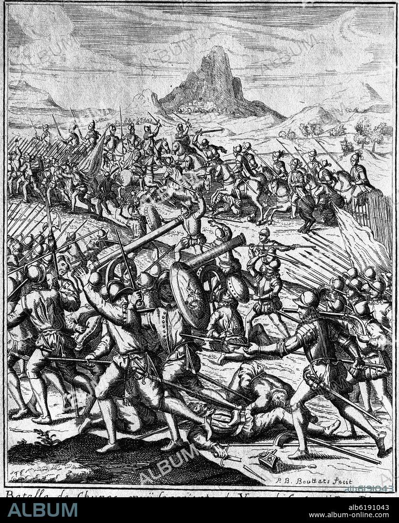 HERRERA Y TORDESILLAS ANTONIO. BATALLA DE CHUPAS (1542) - HISTORIA GENERAL DE LAS INDIAS OCCIDENTALES - GRABADO POR BOUTTATS - SIGLO XVI.