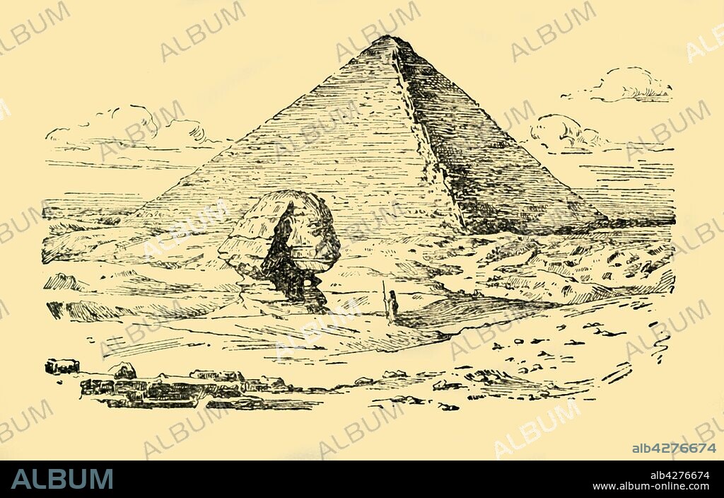 'The Pyramid Tomb of King Khufu and the Great Sphinx at Gizeh, Egypt', c1930. A portrait statue of the 4th dynasty Pharaoh Khafre (Chephren) in the form of a sphinx, a mythical creature with a lion's body and human head. It dates from the 26th century BC. The Great Pyramid of Khufu (Cheops), Khafre's father, can be seen behind the Sphinx. From "The World's Story, a Simple History for Boys and Girls", by Elizabeth O'Neill. [T. C. & E. C. Jack, London & Edinburgh, c1930].