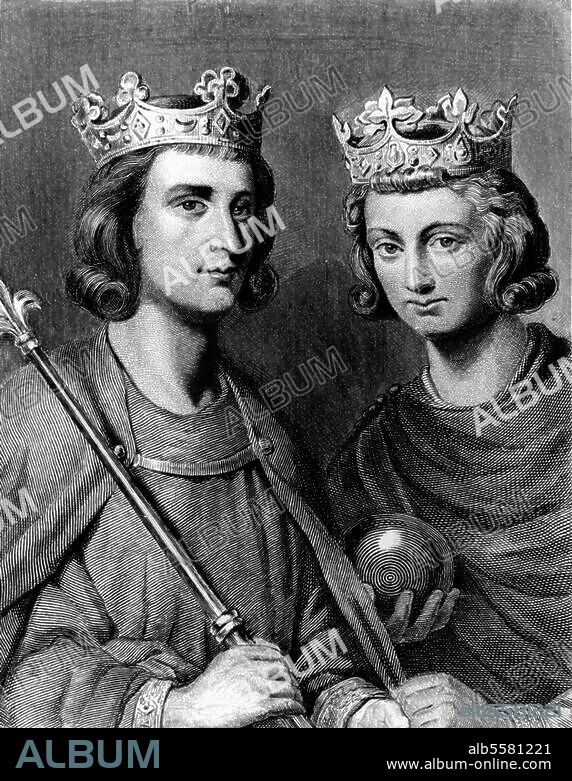 Louis III King of France (879-82). 863 - Saint-Denis 5.8.882; and his brother Carloman who became king jointly with Louis), King of France (879-84); died 12.12.884. Double portrait. - Steel engraving, 1845, by Oudaille after a painting 1837, by Carl von Steuben (1788-1856). From: Ch. Gavard, Galieries Historiques de Versailles.