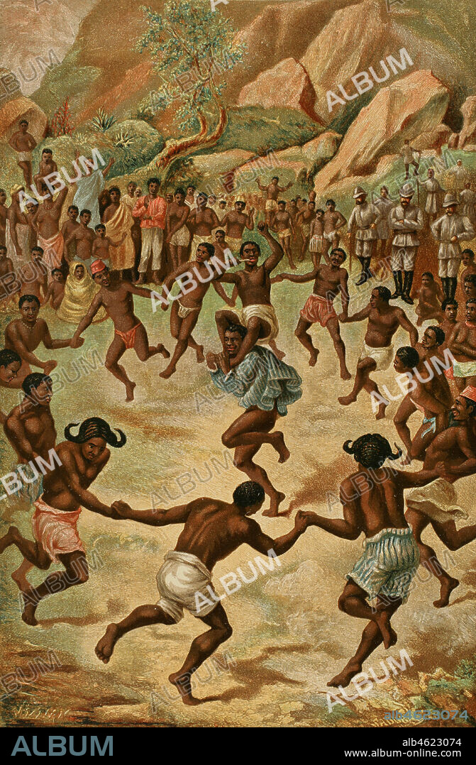 Historia de Africa. Siglo XIX. El Congo. Ejercicios coreográficos de los habitantes de Ndunga. Ilustración por Sadurní. Cromolitografía. El Congo y la Creación del Estado Independiente de este nombre. Historia de los Trabajos y Exploraciones Verificados, por Enrique M. Stanley. Editada en Barcelona, hacia 1890. España.