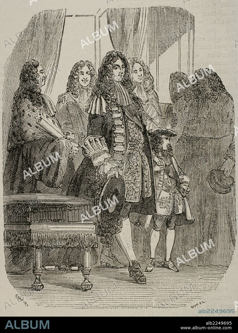 LUIS XV (Versalles,1710-Versalles,1774). Rey de Francia (1715-1774), bisnieto de Luis XIV. Durante su minoría de edad desempeñó la regencia Felipe de Orleans (1715-1723). Durante su largo reinado se fue convirtiendo en un monarca impopular. "El Regente Felipe de Orlenas con Luis XV de niño, en el Parlamento". Grabado.