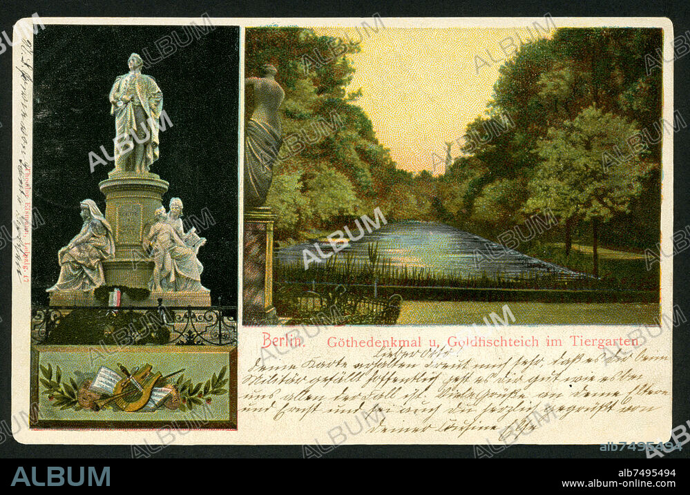 Europa, Deutschland, Berlin, Goethedenkmal und Goldfischteich im Tiergarten, Postkarte, verschickt am 26. 11. 1904, Verlag Theodor Eismann, Leipzig .