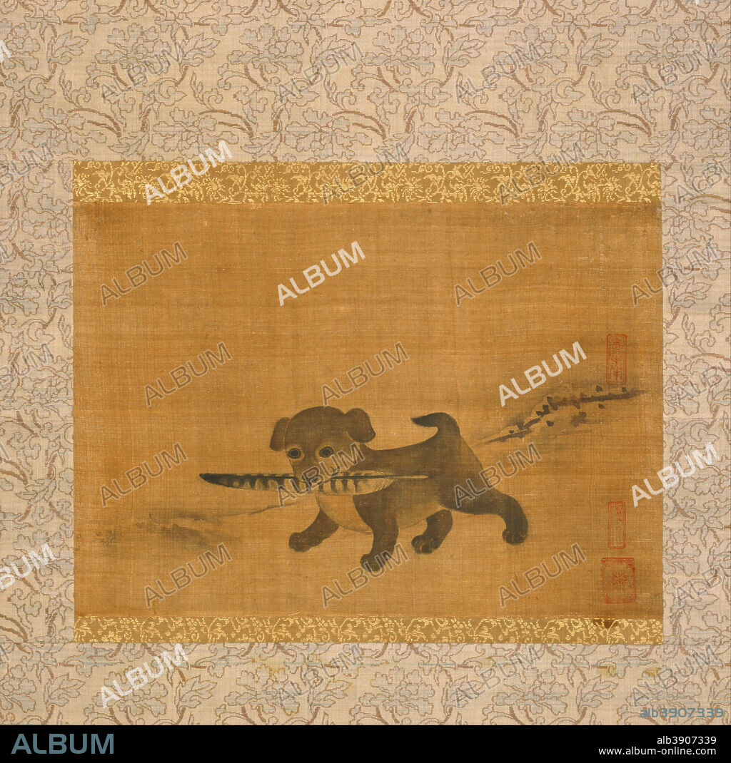 ATTRIBUTED TO YI AM, KOREAN. Puppy Playing with a Pheasant Feather. Date/Period: 16th century; Joseon Dynasty (1392-1910). Painting. Ink and color on silk; mounted as a hanging scroll Ink and color on silk; mounted as a hanging scroll. Height: 311.40 mm (12.25 in); Width: 438.40 mm (17.25 in).