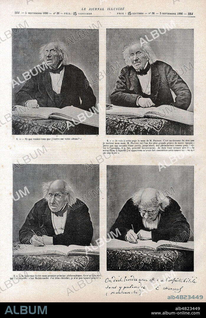 Entretien entre le professeur CHEVREUL (1786-1889) et NADAR (1820-1910) a l'occasion de son centenaire. Premier entretien ou interview photographique publie dans le monde dans le Journal Illustre du 5 septembre 1886. Credit : Collection KHARBINE-TAPABOR.