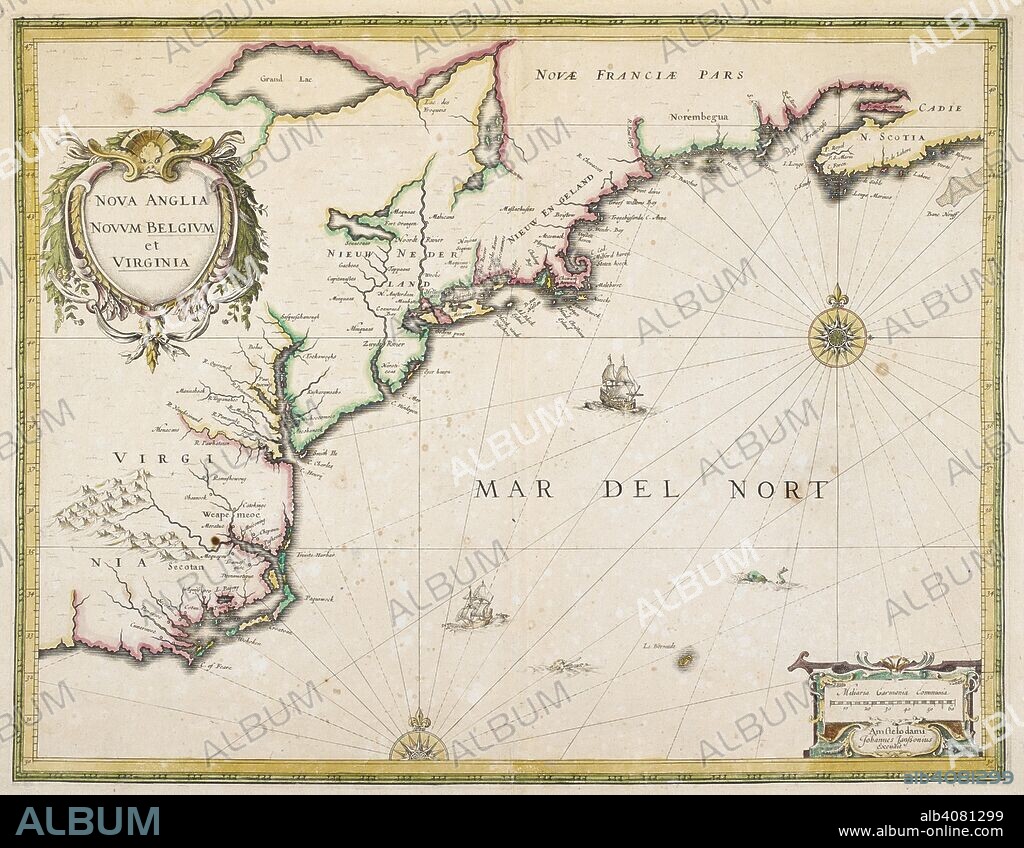 A map of New England, New Belgium and Virginia. NOVA ANGLIA NOVVM BELGIVM et VIRGINIA. Amstelodami [Amsterdam] : Johannes Janssonius Excudit, [between 1636 and 1647.]. Source: Maps K.Top.120.9. Language: Latin.