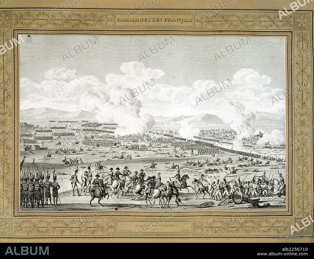 NAPOLEON I. EMPERADOR DE FRANCES. 1769 - 1821. " BATALLA DE AUSTERLITZ ". LAS TROPAS FRANCESAS DERROTAN AL EJERCITO AUSTRO-RUSO 2-12-1805. GRABADO. BIBLIOTECA NACIONAL. MADRID.