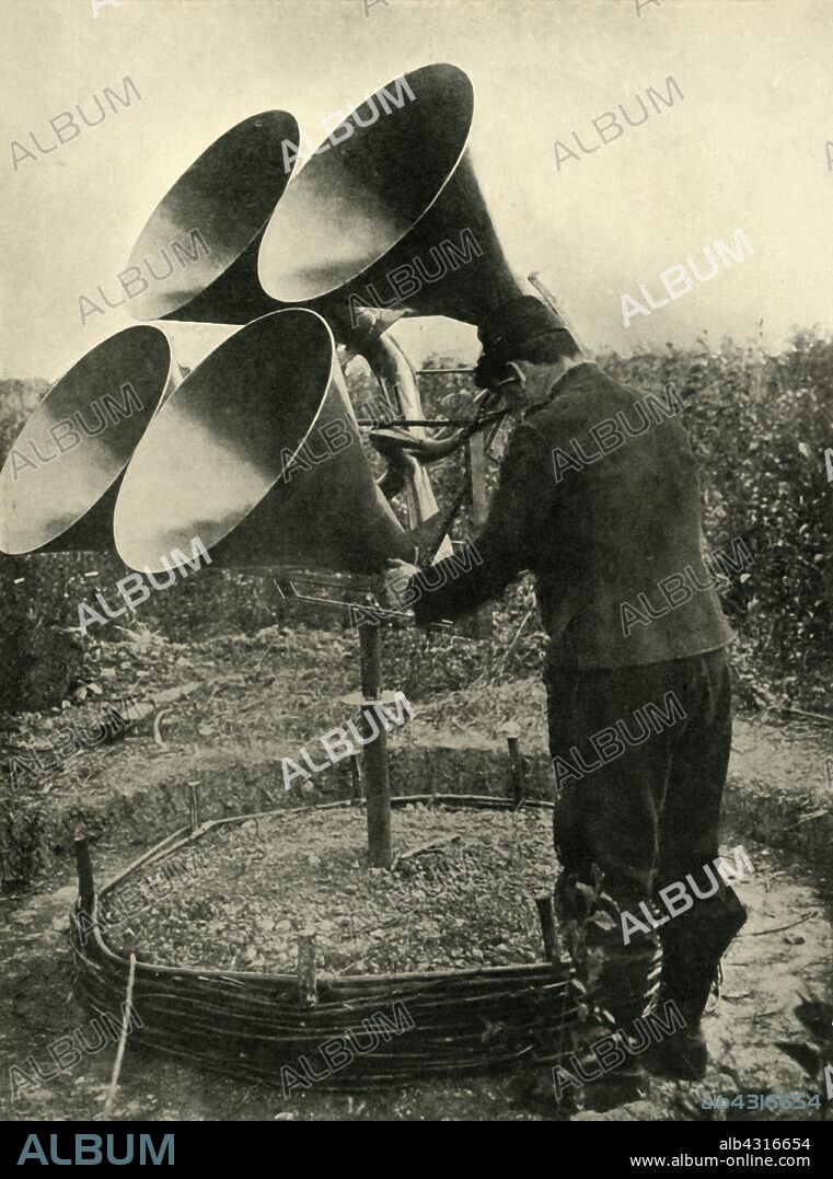 Anti-aircraft device, First World War, 1914-1918, (c1920). 'The War against German Aircraft: a "Listening Post" in the French anti-aircraft Section. These listening posts in the French army consist of four huge horns, which gather up the slightest sound and magnify it by means of a microphone, so that it is impossible for an enemy or other aviator to approach unheard. The horns may be described as reverse megaphones.' From "The Great World War - A History" Volume IV, edited by Frank A Mumby. [The Gresham Publishing Company Ltd, London, c1920].