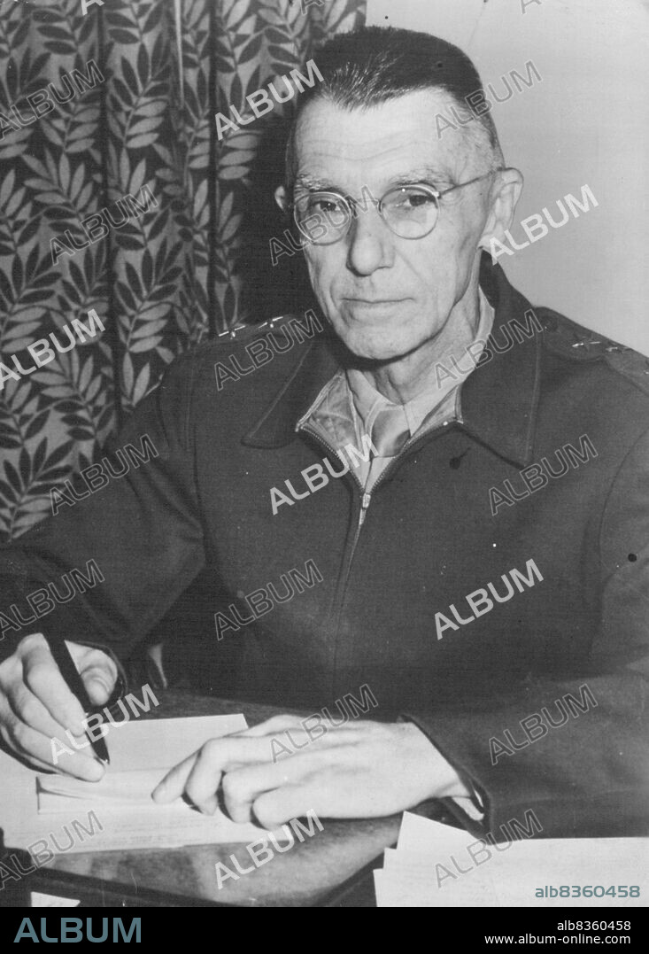 General Stilwell At Headquarters In China -- Lieut. Gen. Joseph W. Stilwell, commander of American forces in China, Burma and India and chief of staff for  Generalissimo Chiang Kai-Shek, is shown at his desk at his headquarters some-where in China. General Stilwell has been fighting at the side of Chinese soldiers against the Japanese for five and a half years. March 29, 1942. (Photo by Interphoto News Pictures, Inc.).