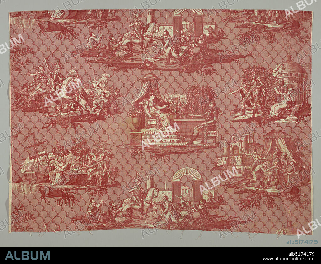 Scenes and figures in the career of Henri IV, F. Pieters, Medium: cotton Technique: printed on plain weave; red on white ground, Red print on white ground. Background solidly covered with dome-like motif with diagonal line of hatching, 6 vignettes; 1 - combat between warriors and horsemen; 2 - conference between queen and knight; 3 - parting from sweetheart or wife; 4 - conference near ship and sea; 5 - triumphal entry into city; 6 - group of men in tent in front of a castle., Northern France, ca. 1825, printed, dyed & painted textiles, Textile, Textile.