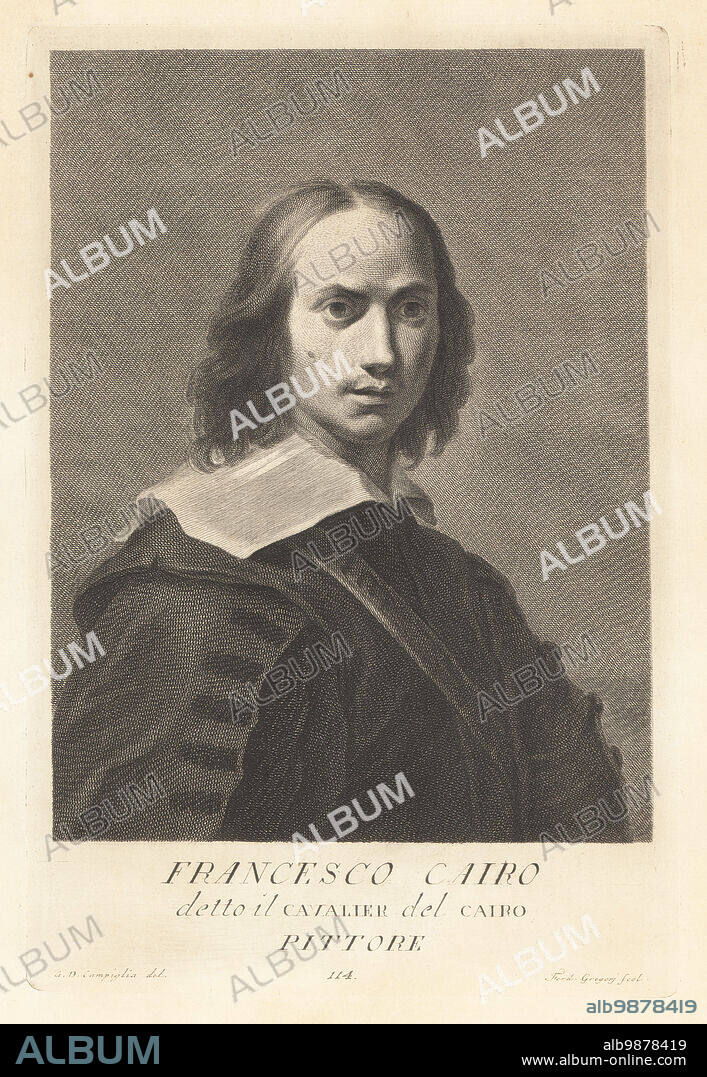 Francesco Cairo, also known as Francesco del Cairo, Italian Baroque painter active in Lombardy and Piedmont, 1607-1665. Francesco Cairo, detto il Cavalier del Cairo, Pittore. Copperplate engraving by Ferdinando Gregori after Giovanni Domenico Campiglia after a self portrait by the artist from Francesco Moucke's Museo Florentino (Museum Florentinum), Serie di Ritratti de Pittori (Series of Portraits of Painters) stamperia Mouckiana, Florence, 1752-62.