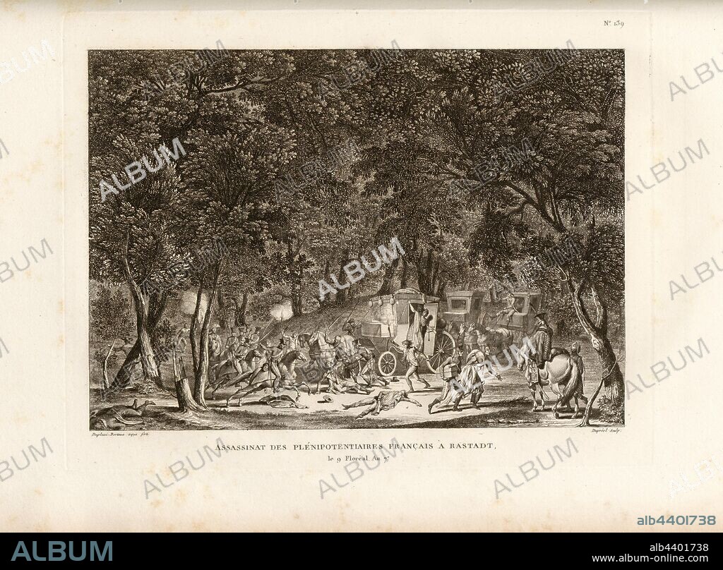 Assassination of French Plenipotentiaries at Rastadt, 9 Floreal Year 7., Rastatter Assassination Murder on April 29, 1799, signed: Duplessi-Bertaux aqua forti; Dupréel sculp, Fig. 72, no. 139, to p. 560 (Cent trente-neuvième tableau), Duplessi Bertaux, Jean (aqua forti); Dupréel, Jean-Baptiste-Michel (sc.), Collection complète des tableaux historiques de la Révolution française en trois volumes [...]. Bd. 2. A Paris: chez Auber, Editeur, et seul Propriétaire: de l'Imprimerie de Pierre Didot l'aîné, an XI de la République Francçaise M. DCCCII.