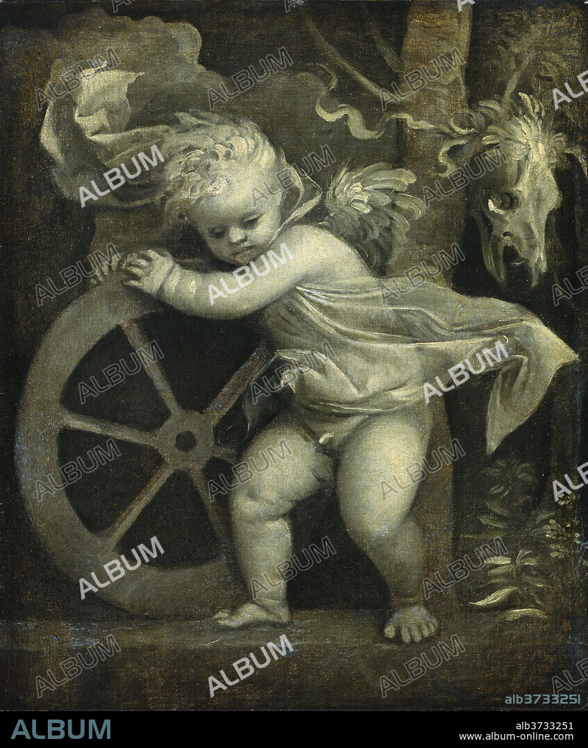TITIAN. Cupid with the Wheel of Fortune. Dated: c. 1520. Dimensions: overall: 66 x 55.3 cm (26 x 21 3/4 in.)  framed: 84.9 x 80 x 6 cm (33 7/16 x 31 1/2 x 2 3/8 in.). Medium: oil on canvas.