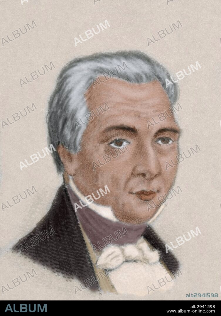 MICHELENA, José Mariano (Valladolid, Morelia, 1722, Ciudad de México, 1852). Abogado y militar. Presidente provisional de México en 1823 y precursor de la independencia mexicana. Grabado mexicano del año 1885. Coloreado.