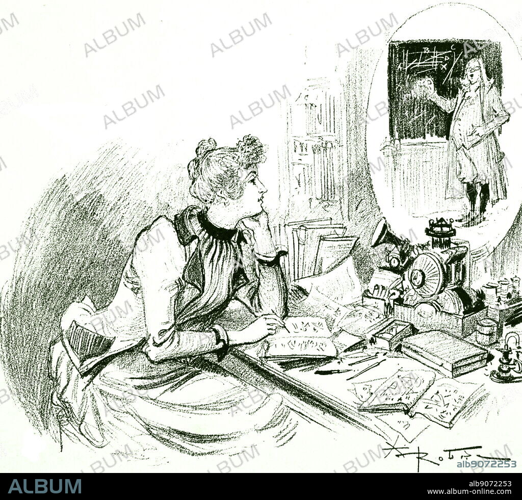 An engraving depicting Albert Robida's vision of studying remotely by a "telephonoscope" - this idea predated the Open University by 70 years. Albert Robida (1848-1926) a French illustrator, etcher, lithographer, caricaturist, and novelist. Dated 19th Century.