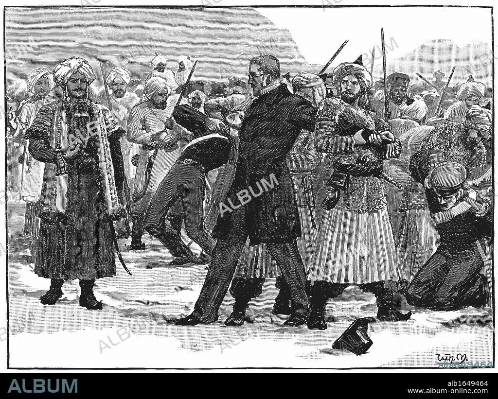 First Anglo-Afghan War 1838-1842: William McNaghten (1793-1841) British diplomat, orientalist and colonial administrator; instigated interventionist policy in Afghanistan. Captured and killed while attempting arrangements for withdrawal of British troops from Cabul (Kabul) December 1841. Wood engraving c 1885.