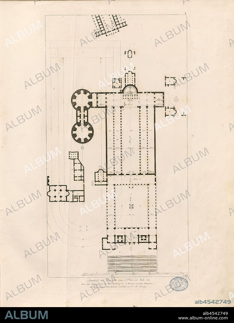 Floor plan of the Basilica of S. Peter in the year 800, Ground plan of the Constantine Basilica (Old St. Peter) in Rome, Signed: After the design and description by C. Bunsen; edited by J. M. Knapp, Taf. I, after p. 6, Bunsen, C. (entworfen und beschrieben); Knapp, J. M. (bearb.), Christian Karl Josias von Bunsen: Die Basiliken des christlichen Roms: nach ihrem Zusammenhange mit Idee und Geschichte der Kirchenbaukunst. Bd. 2. München: Literarisch-artistische Anstalt der J. G. Cotta'schen Buchhandlung, [1824].