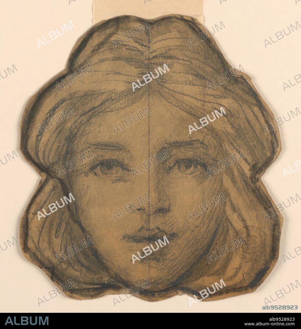 FRANCIS AUGUSTUS LATHROP. Face framed by hair. The vertical axis is indicated. Framing pencil line. Black crayon on paper. Date: ca. 1889.