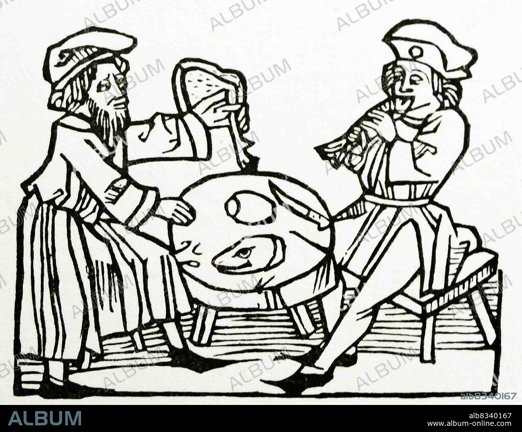 John Maundeuill eateth rizt sauory fishes. Montevilla. Joh Pruss, 1484. Black and white illustration.