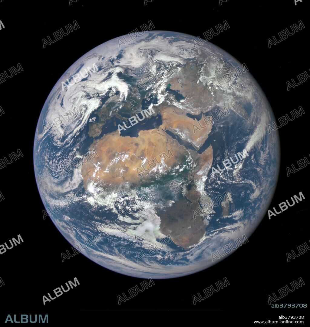 The image, taken from a vantage point one million miles from Earth, was one of the first taken by the Earth Polychromatic Imaging Camera (EPIC) on NASA's Deep Space Climate Observatory (DSCOVR) satellite. Africa occupies most of the view, with Europe to the North and the Arabian Peninsula and Central Asia to the East. The photographic-quality color image was generated by combining three separate images of the entire Earth taken a few minutes apart. The camera takes a series of 10 images using different narrowband filters -- from ultraviolet to near infrared -- to produce a variety of science products. The red, green and blue channel images are used in these Earth images.