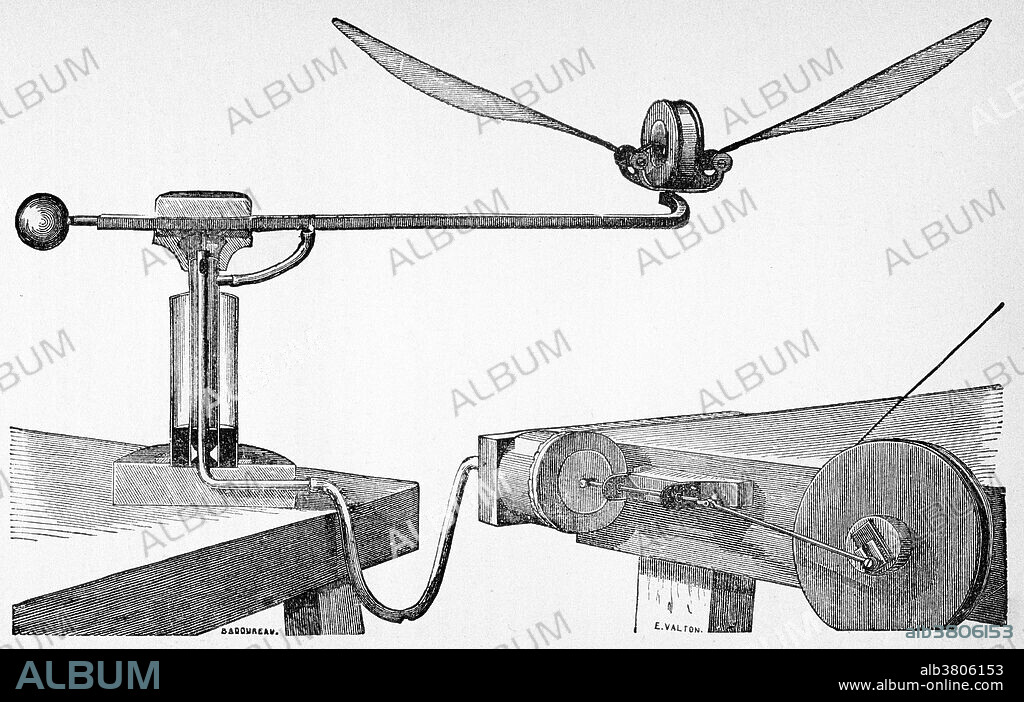 An instrument to illustrate the flight of insects, designed by Etienne-Jules Marey. Published in Marey's "Animal mechanism: a treatise on terrestrial and aÃ«rial locomotion" (1874). Marey (1830-1904) was a French scientist, physiologist and pioneer of early photography. He became fascinated by movements of air and started to study birds. He adopted and further developed animated photography into a separate field of chronophotography in the 1880s. His revolutionary idea was to record several phases of movement on one photographic surface. In 1882 he made his chronophotographic gun. This instrument was capable of taking 12 consecutive frames a second, recording them on the same picture. Using these pictures he studied mammals, birds, fish, microscopic creatures, mollusks, insects and reptiles. His research on how to capture and display moving images helped the emerging field of cinematography.