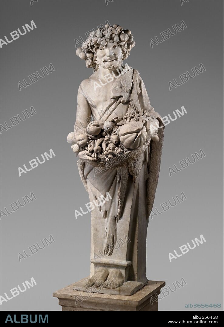 Autumn in the Guise of Priapus (one of a pair). Artist: Pietro Bernini (Italian, 1562-1629); Assisted by Gian Lorenzo Bernini (Italian, Naples 1598-1680 Rome). Culture: Italian, Rome. Dimensions: Overall (confirmed): 89 5/8 × 30 5/8 × 27 5/8 in., 2531 lb. (227.6 × 77.8 × 70.2 cm, 1148.1 kg);
Pedestal, confirmed: 42 1/2 × 30 × 30 in., 2725 lb. (108 × 76.2 × 76.2 cm, 1236.1 kg). Date: 1616-17.
The two terms were made in 1616 by Pietro Bernini (1562-1629) with the assistance of his more famous son, the sculptor Gian Lorenzo Bernini (1598-1680), for Cardinal Scipione Borghese. Each consisting of a half-body merging into a tapering pedestal, they originally stood in the gardens of the Villa Borghese in Rome, at the entrance to the cardinal's Vigna di Porta Pinciana. Appropriately laden with fruits and flowers, the Flora (see 1990.53.1) and Priapus, carved in an energetic, rustic fashion, symbolize the abundance of nature in spring and autumn.