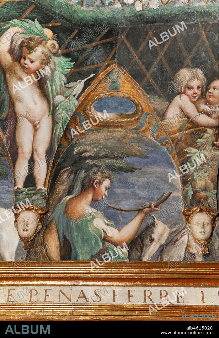 Parma, Fontanellato, Rocca Sanvitale, room of Diana and Actaeon: detail of the ceiling with the cycle of frescoes by Parmigianino (Girolamo Francesco Maria Mazzola) depicting the myth of Diana and Actaeon, taken from Ovid's Metamorphoses. The room, frescoed in 1524, probably was the bathroom of Paola Gonzaga, wife of Galeazzo Sanvitale.