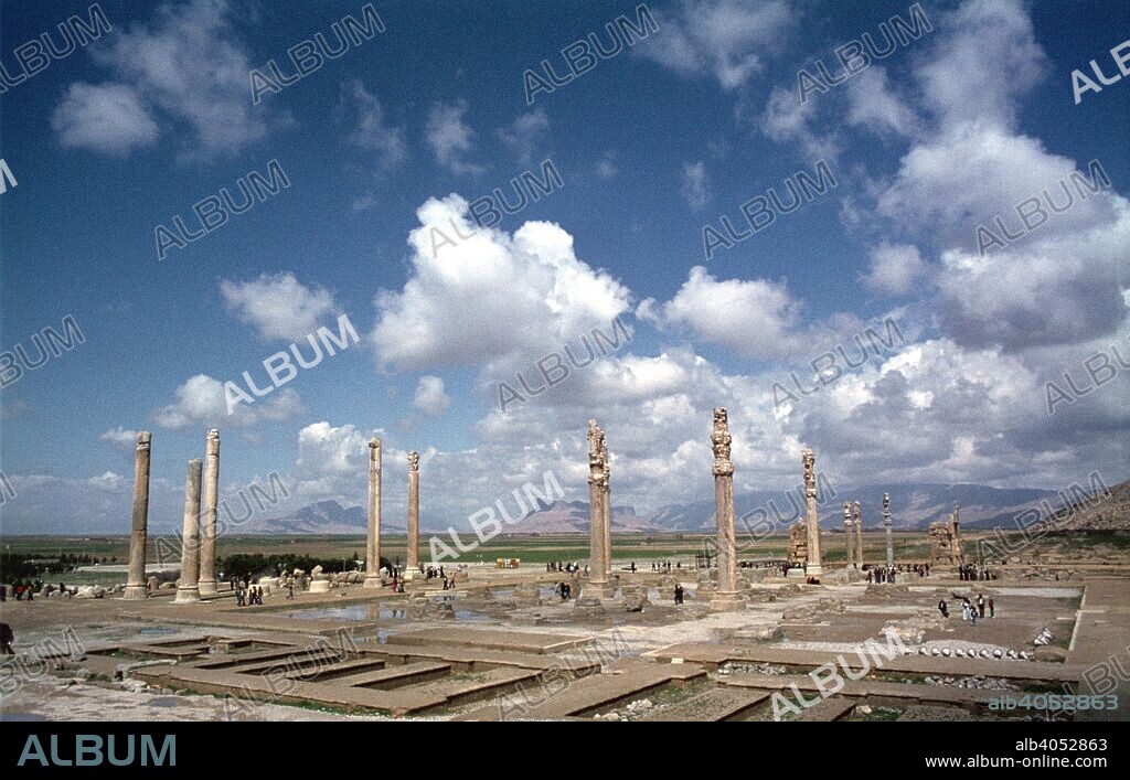 Ruins of the Apadana, Persepolis, Iran. The capital of Achaemenid Persia, Persepolis was predominantly built during the reigns of the dynasty's founder, Darius I (522-485 BC) and his son Xerxes I (485-465 BC). One of the main, and earliest, buildings of the city was the great audience hall, the Apadana. Every year the king would receive tribute in the form of gifts from representatives of all the poples of the Achaemenid empire, which at its greatest extent stretched from Libya in the west to the Indus valley in the east.
