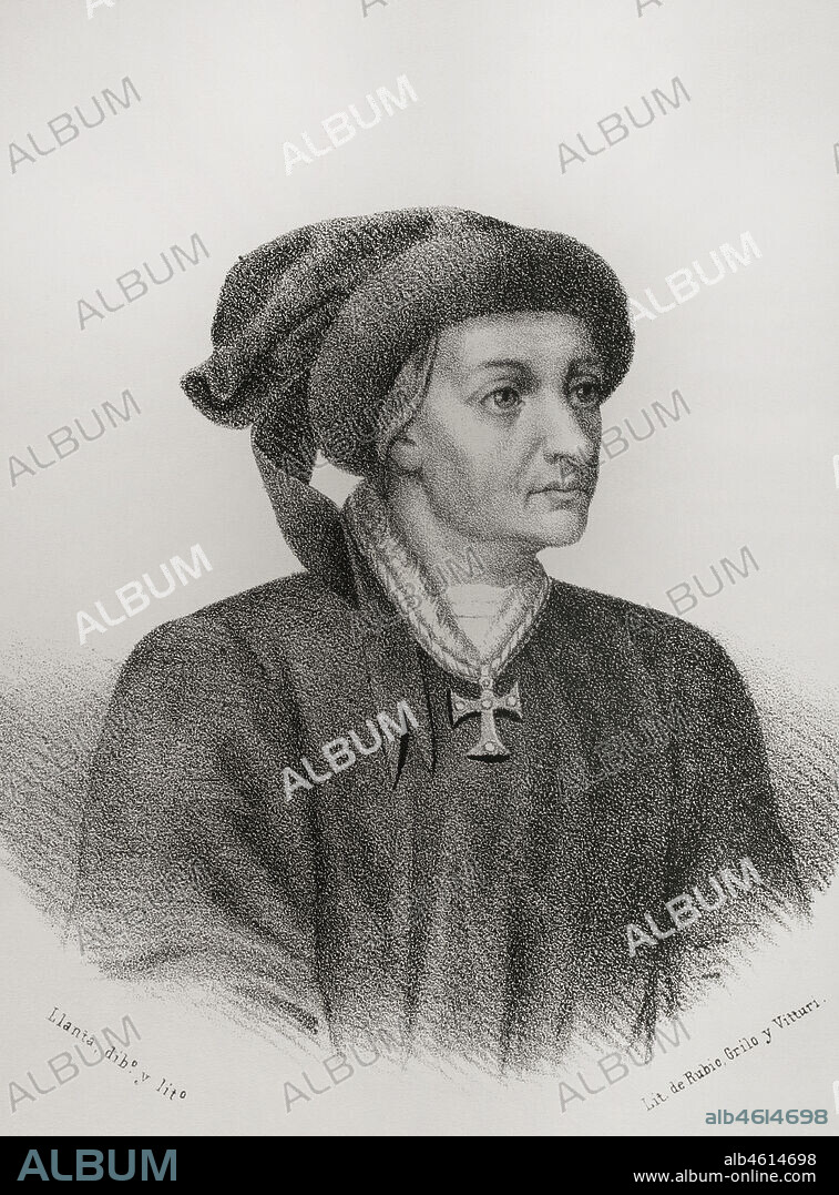 SANTIAGO LLANTA Y GUERIN (FL. 1866-1872). PARIS-BORN LITHOGRAPHER WHO WORKED IN MADRID.. Iñigo López de Mendoza (1398-1458). Spanish nobleman and poet of the House of Mendoza. 1st Marquis of Santillana. Portrait. Drawing by Llanta. Lithography. Crónica General de España, Historia Ilustrada y Descriptiva de sus Provincias (General Chronicle of Spain, Illustrated and Descriptive History of its Provinces), Balearics, 1871.
