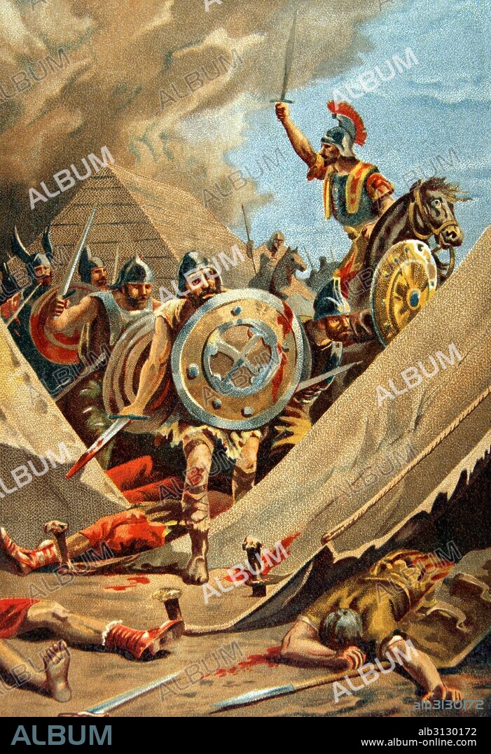 VIRIATO (m. -139). Caudillo lusitano durante la sublevación de los lusitanos contra la expansión de Roma en Hispania a mediados del siglo II a. C. Venció a los ejércitos romanos. "Gloriosa Batalla de Urrique (Ourique) ganada por Viriato al militar romano Claudio Unimano" Glorias Españolas. Color.