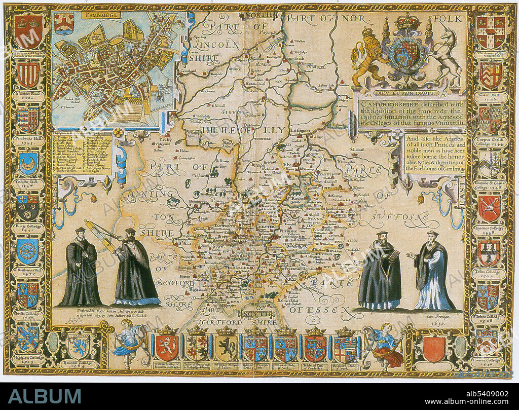 John Speed (1551/52 - July 28, 1629) was an English cartographer, historian and best known mapmaker of the Stuart period. Speed drew historical maps in 1601 and 1627 depicting the invasion of England and Ireland, depictions of the English middle ages, along with those depicting the current time, with rough originals but appealing, colorful final versions of his maps. His atlas The Theatre of the Empire of Great Britaine was published in 1611 and 1612, and contained the first set of individual county maps of England and Wales besides maps of Ireland and a general map of Scotland. In 1627, two years before his death, Speed published Prospect of the Most Famous Parts of the World which was the first world atlas produced by an Englishman. His maps became the basis for world maps until at least the mid-18th century, with his maps reprinted many times, and serving as a major contribution to British topography for years to come.