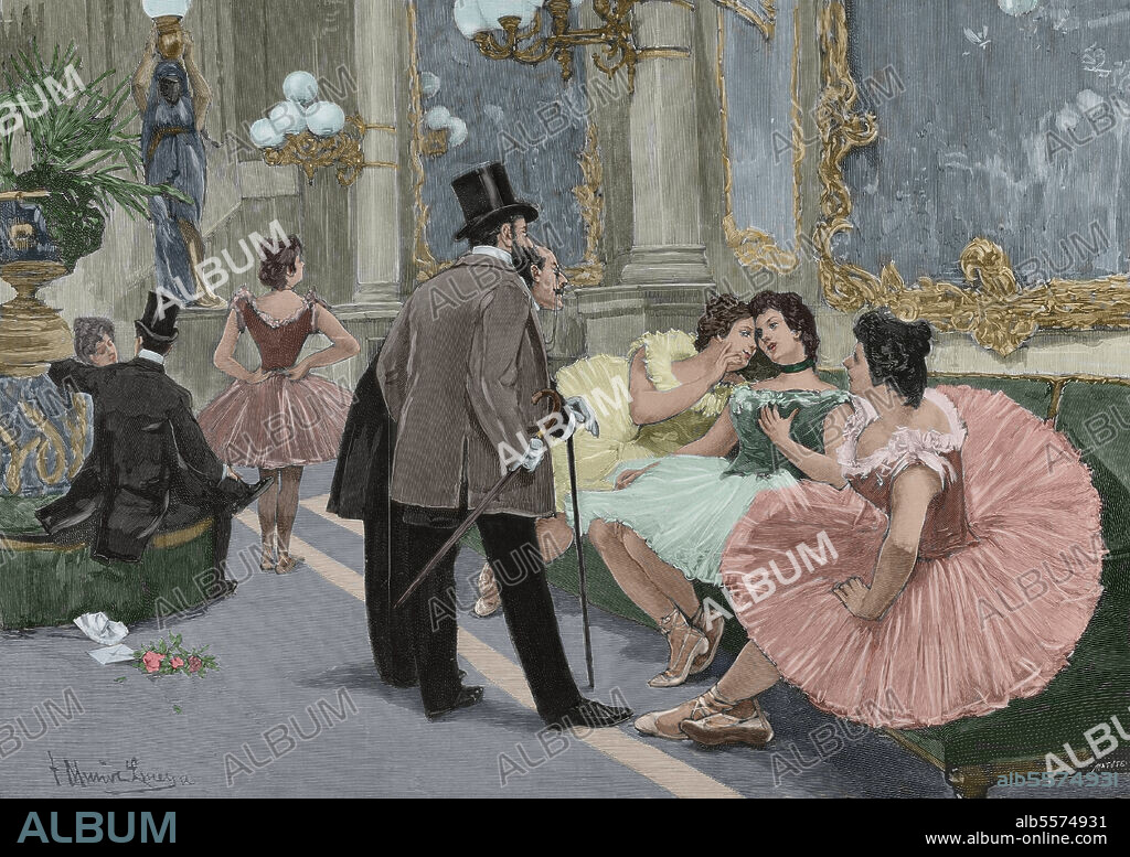 TOMáS MUñOZ LUCENA (1860-1943). SPANISH ARTIST.. "In the Foyer". Illustration by Tomás Muñoz Lucena (1860-1943). Engraving by Matute. Later colouration. La Ilustración Española y Americana, 1898.