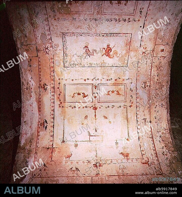 Detail of decoration in the Golden House 'Domus Aurea' of Nero. Mythological scenes and romantic landscapes were set on a white ground (in contrast to the red favoured at Pompeii) within frames of floral motifs. Country of Origin: Italy. Culture: Roman. Date / Period: AD 65. Place of Origin: Rome.