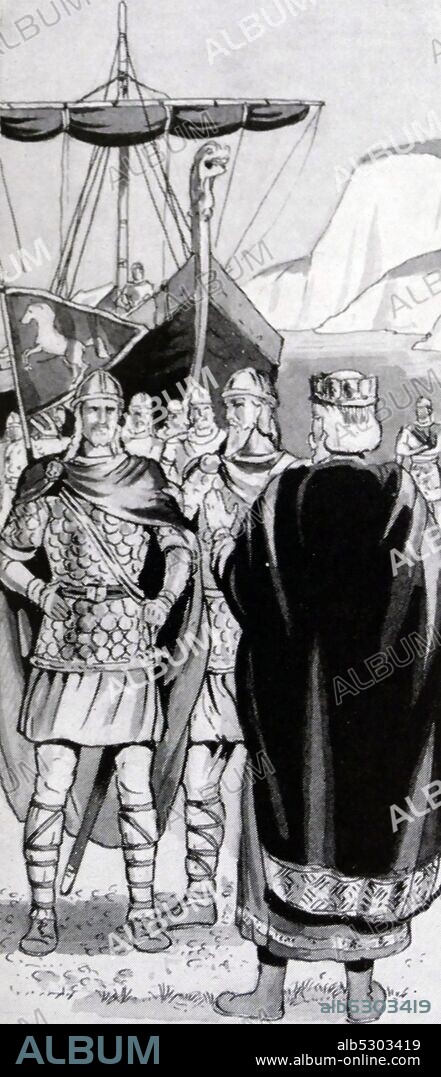 Illustration depicting Vortigern a 5th-century warlord in Britain, known perhaps as a king of the Britons, or at least connoted as such in the writings of Bede. His existence is nonetheless contested by scholars, and information about him is obscure.