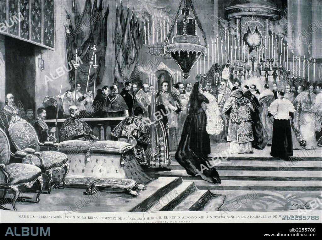 ALFONSO XIII. REY DE ESPAÑA, MADRID 1886-1941. PRESENTACION ANTE LA VIRGEN DE ATOCHA DEL REY POR LA REINA REGENTE, SU MADRE, MARIA CRISTINA. ILUSTRACION ESPAÑOLA.