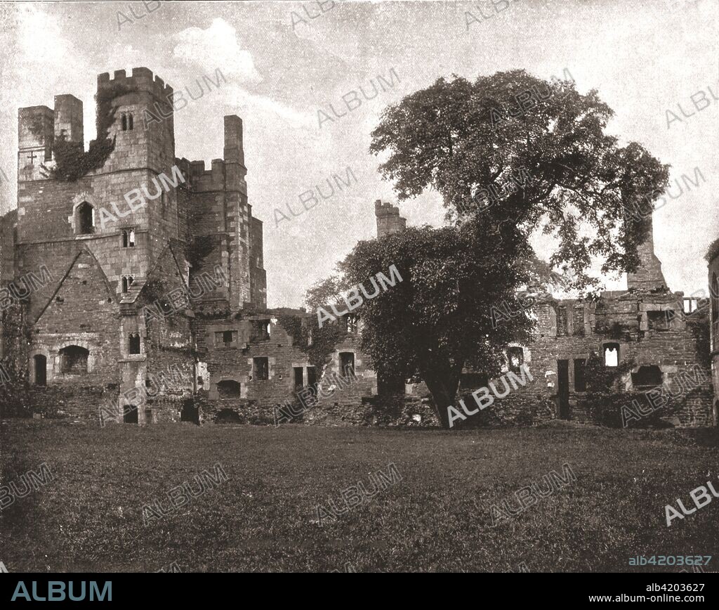 Wingfield Manor, near Alfreton, Derbyshire, 1894. The manor, now ruined, was built by Ralph Cromwell, Lord Treasurer to Henry VI, in about 1435-1440. Originally the house consisted of two large courts; the outer (or southern) made up of barns, stables, guard-houses and other lowlier buildings; the inner (or northern), of the hall, kitchen, and the chambers occupied by the family. Under Henry VIII the manor was in the possession of the Earl of Shrewsbury and Mary, Queen of Scots was imprisoned here for nine years during the reign of Elizabeth I. Wingfield continued to be the residence of the Shrewsburys until the death of Earl Gilbert in 1616. After this, the property was sold to Mr Imanuel Halton. In 1817, it was still in the possession of one of the Halton family, but not then inhabited. The last of the family who resided here wished to build himself a house at the foot of the high hill upon which the mansion stands and pulled down and unroofed part of the old house to construct Wingfield Hall. This left Wingfield Manor open to the elements and it quickly fell to ruins. From Beautiful Britain; views of our stately homes. [The Werner Company of Chicago, 1894].