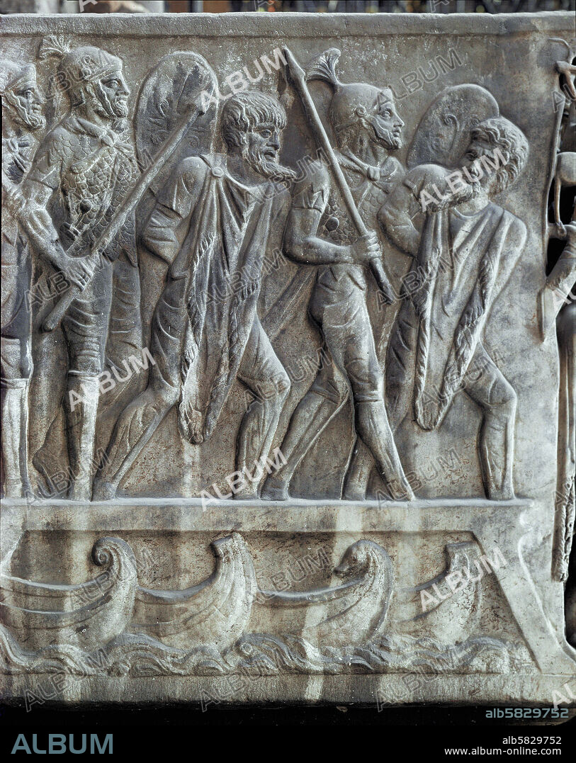 Roman soldiers leading barbarian captives. Bas-relief (detail) from a Roman sarcophagus from the Via delle Cave di Pietralata near Portonaccio, Italy.