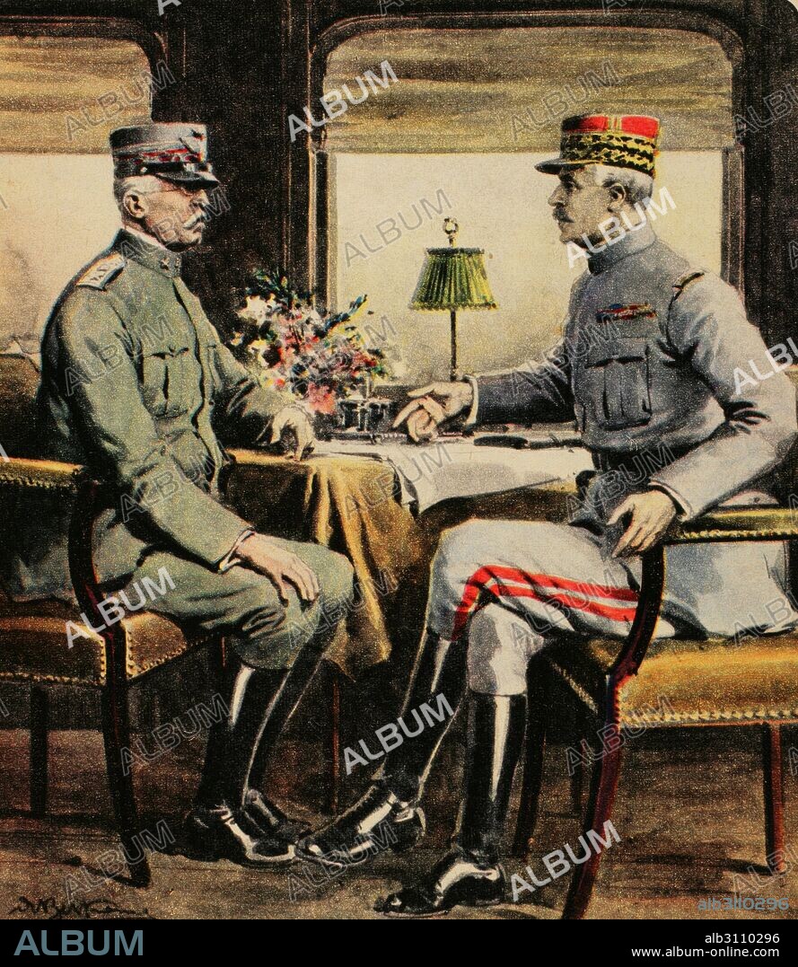 Luigi Cadorna (1850-1928). Militar italiano, mariscal de campo que participó en la I GM. Ferdinand Foch (1851-1929). Mariscal de campo francés, jefe de los ejércitos Aliados durante la I GM. "Entrevista entre Foch y Cardona", 1917. Grabado. La Domenica del Corriere, Italia. Color.
