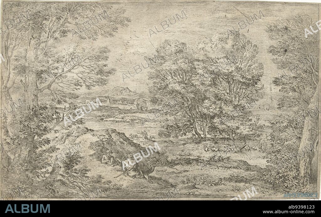 Landscape with two persons in the foreground, one seen from behind, sitting opposite each other near a small lake. In the background two people with dog and donkey, walking along a river. Rejected plate for the fifth print in the series 'Landscapes, series two', Landscape with two people sitting opposite each other, print maker: Adriaen van der Kabel, Adriaen van der Kabel, France, (possibly), 1648 - 1705, paper, etching, h 157 mm × w 251 mm.