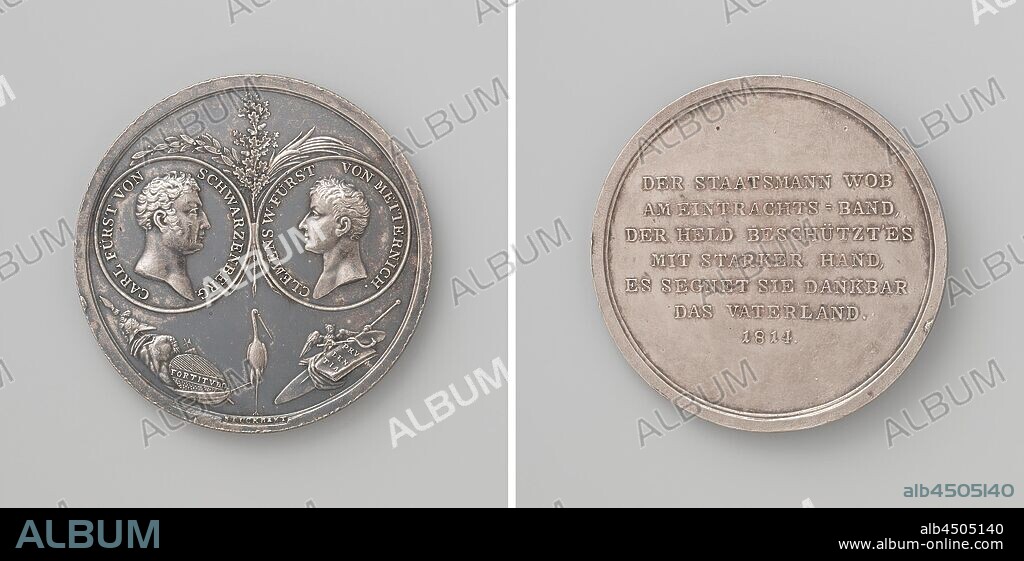First peace of Paris between France and the Allies, in honor of Karel Philip van Schwarzenberg and Clemens, Prince Metternich, Silver Medal. Front: two portrait medallions with inlays between palm, olive and oak branches, below that a victory sign, stork and ship's rudder, on which lies a book and an owl sits, holding a mirror in claws around which snake snakes. Reverse: inscription, Paris, Karl Philipp zu Schwarzenberg, Klemens Wenzel Lothar Fürst von Metternich, Franz Stuckhart, 1814, silver (metal), striking (metalworking), d 4.3 cm × w 22.55 gr.