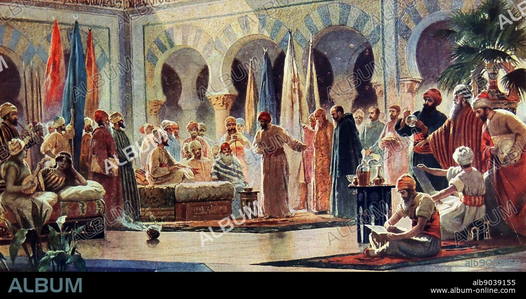 Abd-ar-Rahman III 889 961, was the Emir and Caliph of Córdoba (912961) of the Umayyad dynasty in al-Andalusia. Called al-Nasir li-Din Allah ('the Defender of God's Faith'), he ascended the throne in his early 20s, and reigned for half a century as the most powerful prince of Iberia. The image depicts Abd-ar-Rahman III and his court in Medina Azahara receiving the Monk Juan de Gorza in 959 AD, by Dionisio Baixeras Verdaguer.