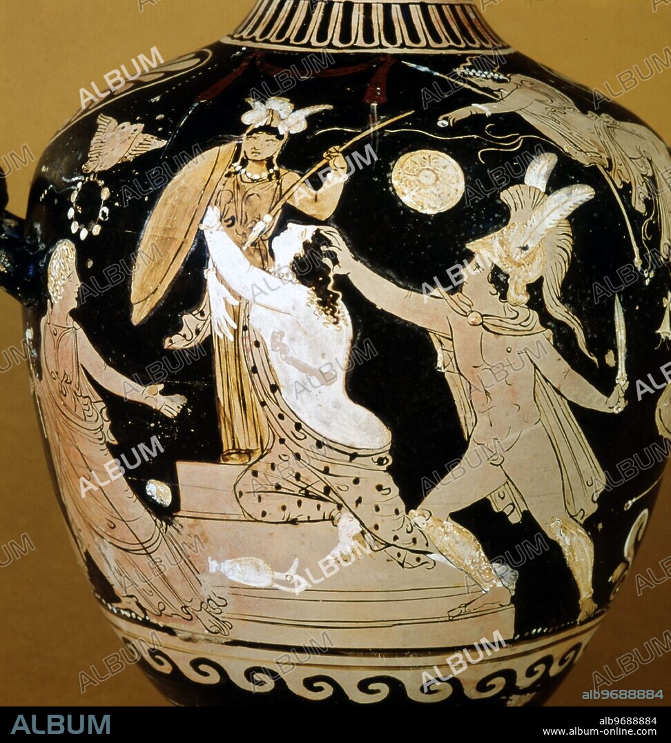 A vase illustrating Prophets. Ajax, son of Oileus, pursuing Cassandra. 450BC.