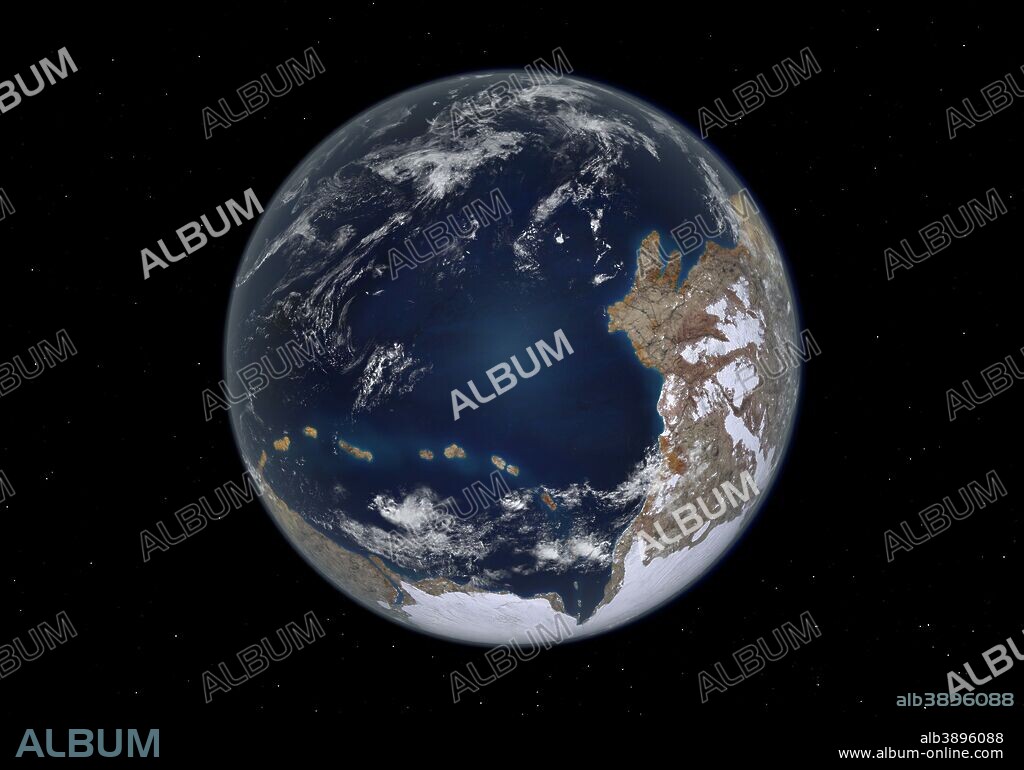 This is how the Earth may have appeared 600 million years ago following the Cryogenian Snowball Earth period. The worldwide glaciers have melted and the ocean is largely liquid again. During this, the Ediacaran period, it is hypothesized that all of the Earth's landmasses had merged into a single supercontinent known as Pannotia, also known as the Vendian supercontinent. Surrounding this massive landmass is the vast Panthalassic Ocean, also known as Panthalassa.. . While the ocean was home to a variety of evolving multicellular life forms including the ubiquitous Dickinsonia costata, it is not believed that life had moved to dry land with possible exception of bacteria and other microbial colonies.