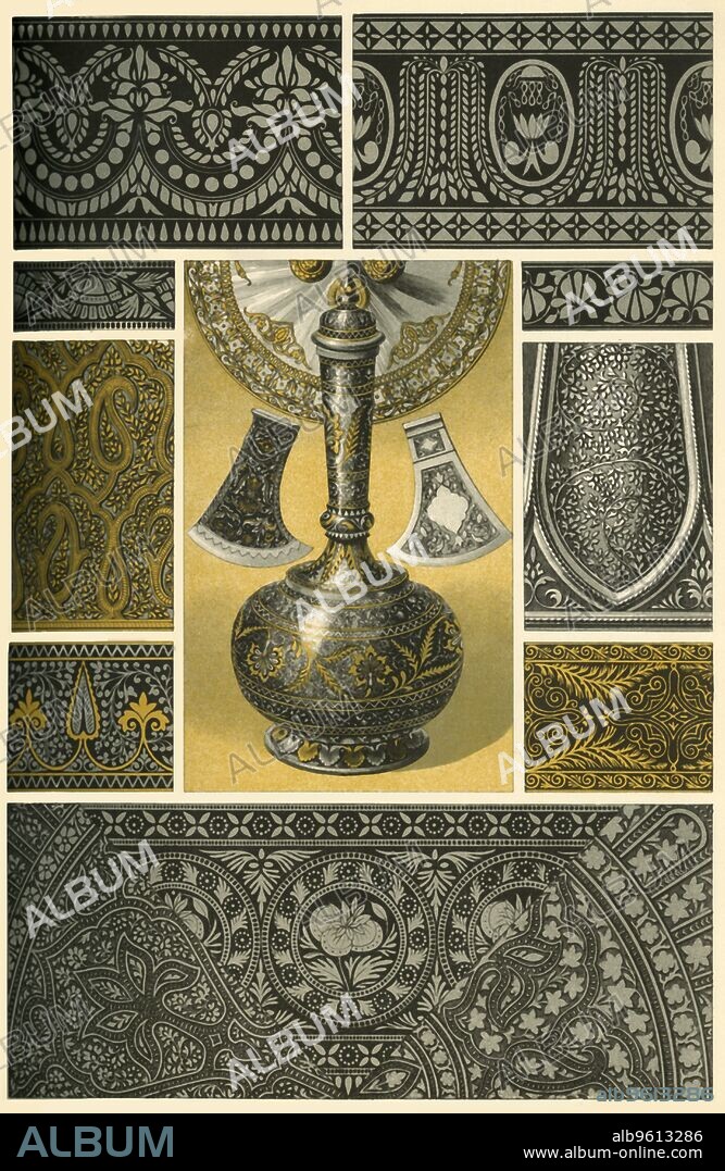 Indian metal work, (1898). 'Fig 1: Tin-vessel with damascened ornaments. Fig 2: Battle-axe with etched decorations. Fig 3: Battle-axe with damascene work. Fig 4: Shield of rhinoceros-skin inlaid and mounted with metal. Figs 5-8: Ornaments from damascened Huhkas (water-pipes). Fig 9: Belly-decoration, executed "en repoussé", of a gilt copper-can. Fig 10: Belly-decoration from a copper-can in repoussé work. Fig 11: Decoration from a damascened tin-vase. Fig 12: Damascene work on steel on a dagger-sheath. Fig 13: Neck-decoration on a damascened tin-cup. Fig 14: From a copper-plate in repoussé work. Fig 15: From a tin-plate in repoussé work. Figs 2, 9, 10, 12-15 drawn after original objects from the Royal "Landesgewerbemuseum" at Stuttgart. Figs 1, 5-8 and 11 drawn after original objects belonging to Mr. Paul Stotz, manufacturer at Stuttgart...The manufacture of decorated arms and metal ware was...an important branch of the Indian industrial art, and we have due cause to be astonished at the refinement of taste combined with the highest magnificence of ornamentation. Damascene work...is executed in steel, iron or tin-alloy...The damascened ornaments are made in silver-and gold-foil, fixed on either by pressure or hammering to the metal ground, which has previously been slightly engraved, after which the whole is polished with the burnisher'. Plate 15 from "The Historic Styles of Ornament" translated from the German of H. Dolmetsch. [B.T. Batford, London, 1898].