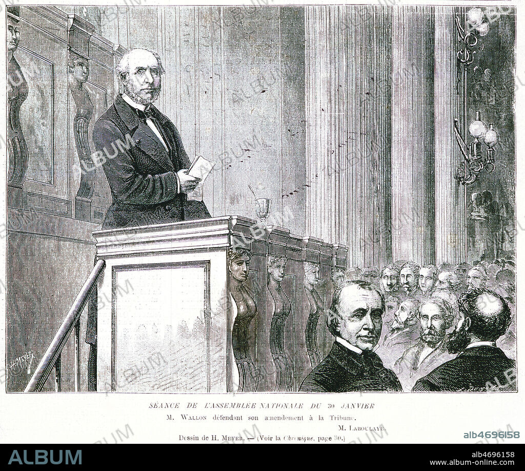 'Seance de l'Assemblee nationale du 30 janvier. Henri Alexandre WALLON (1812-1904) defendant son amendement a la tribune ayant pour but de faire voter la Chambre des Deputes (election du President de la Republique par la majorite absolue de l'Assemblee Nationale). Illustration d'Henri MEYER (1844-1899) pour Le Journal illustre du 14-02-1875. Credit: Collection KHARBINE-TAPABOR.