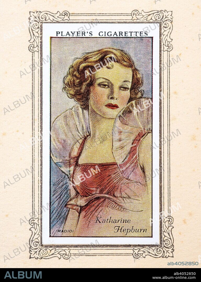 Katharine Hepburn, 1934. Katharine Houghton Hepburn (May 12, 1907 - June 29, 2003) was an American actress. Known for her fierce independence and spirited personality, Hepburn was a leading lady in Hollywood for more than 60 years.  From An Album of Film Stars; Second Series issued by John Player & Sons. [Imperial Tobacco & Co Ltd, 1934].